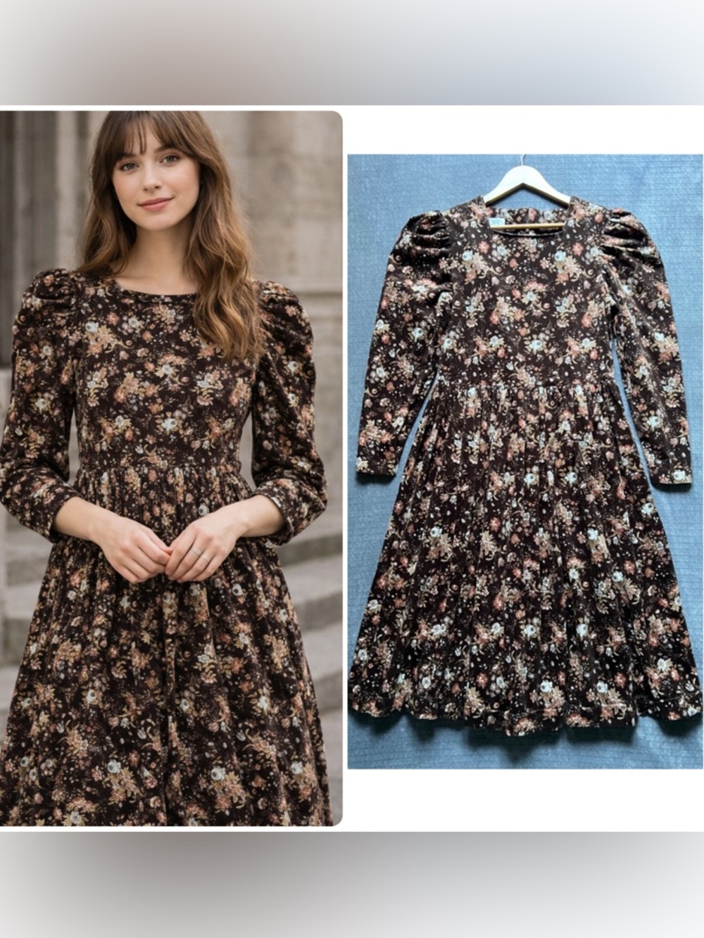 New Vintage 80s Laura Ashley Midi Dress Sz 8 Floral Puff Shoulder Corduroy Brown
